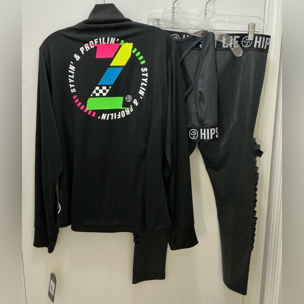 Updated! Zumba Fitness Black Shimmer Sports Set with Cutouts and NWT Jacket